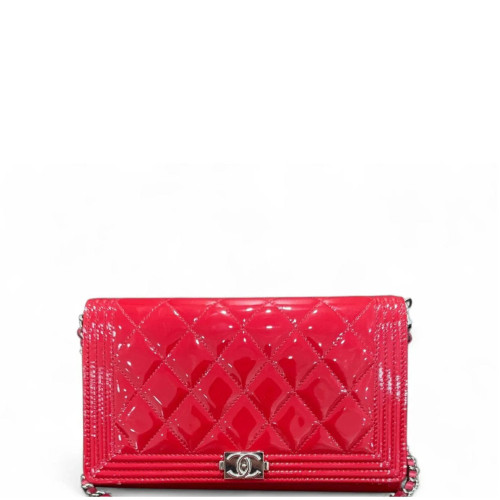 Chanel Quilted Boy Wallet On Chain WOC Patent Calfskin Red