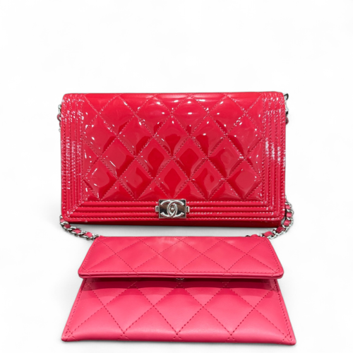 Chanel Quilted Boy Wallet On Chain WOC Patent Calfskin Red