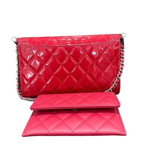 Chanel Quilted Boy Wallet On Chain WOC Patent Calfskin Red