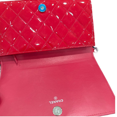 Chanel Quilted Boy Wallet On Chain WOC Patent Calfskin Red