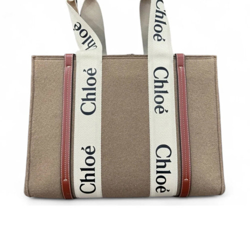 Chloe Medium Woody Ribbon Tote Felt Cloth Calfskin Canvas Brown Beige White