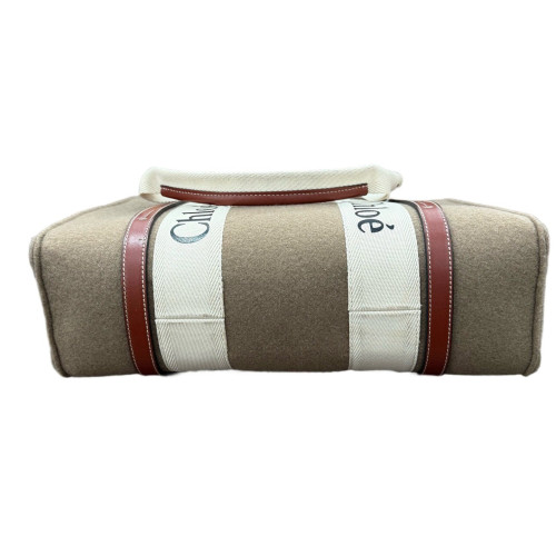 Chloe Medium Woody Ribbon Tote Felt Cloth Calfskin Canvas Brown Beige White