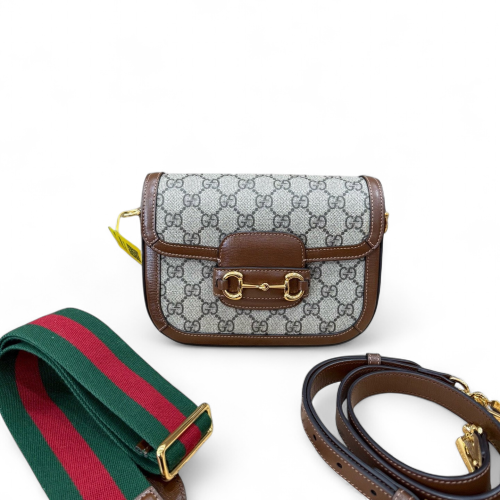 Gucci Web Mini Horsebit 1955 GG Supreme Monogram Calfskin Beige Brown Green