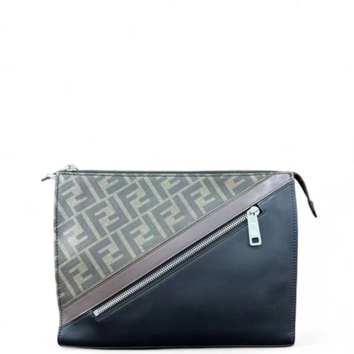 Fendi Clutch Calfskin Zucca Black Grey Light Brown