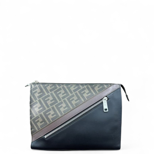 Fendi Clutch Calfskin Zucca Black Grey Light Brown
