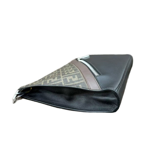 Fendi Clutch Calfskin Zucca Black Grey Light Brown