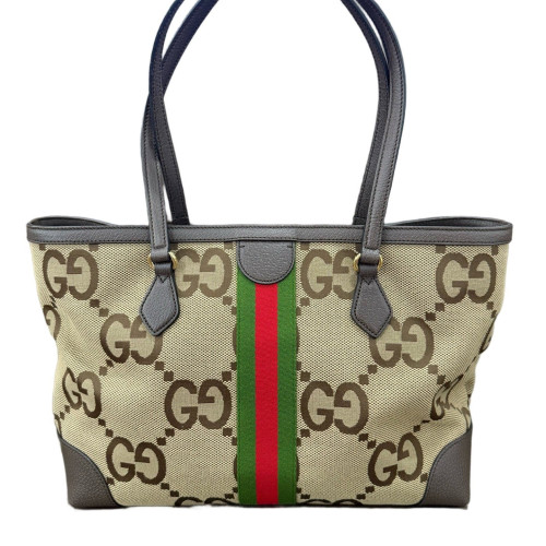 Gucci Web Tote Bag Canvas Monogram Jumbo GG Beige Brown Green