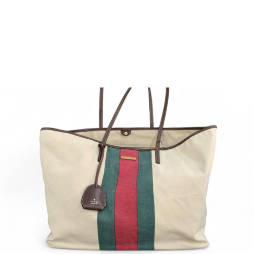 Gucci Web Tote Bag Canvas Beige Brown Green