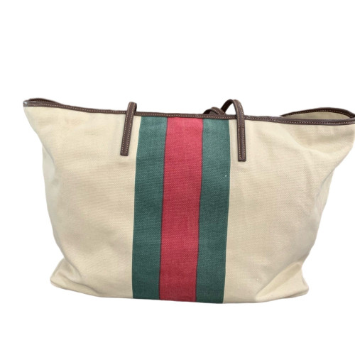 Gucci Web Tote Bag Canvas Beige Brown Green