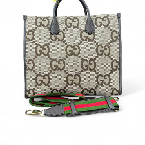 Gucci Tote Bag Canvas Monogram Jumbo GG Beige Brown Grey