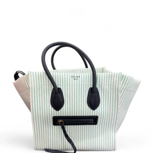 Celine Handbag Striped Canvas Calfskin White Green Black