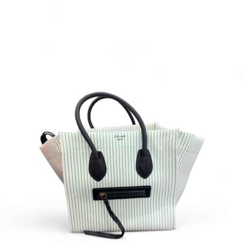 Celine Handbag Striped Canvas Calfskin White Green Black