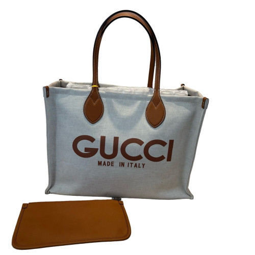 Gucci Tote Bag Canvas Calfskin Brown Beige Gucci Tote Bag Canvas Calfskin Brown Beige