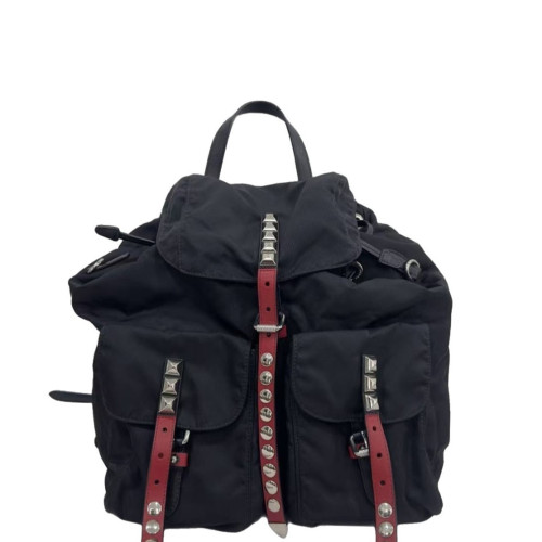 Prada Studded Backpack Nylon Calfskin Black Red