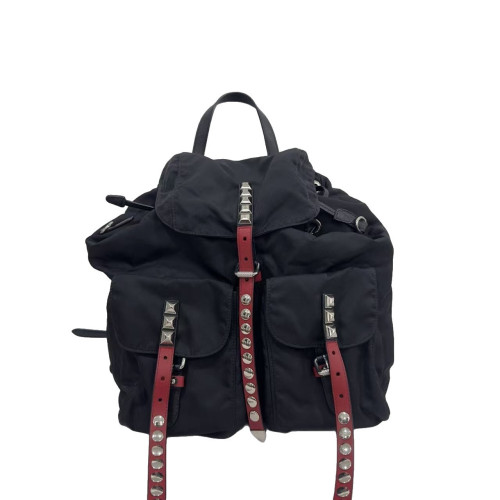 Prada Studded Backpack Nylon Calfskin Black Red