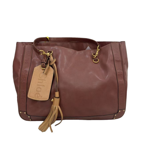 Chloe Fringe Tote Bag Calfskin Brown Beige
