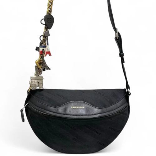 Balenciaga Jacquard Diagonal Allover Logo Xs Souvenir Belt Bag Canvas Calfskin Black