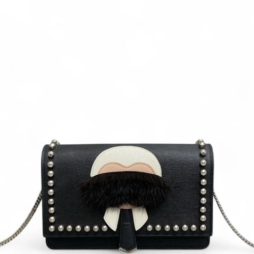 Fendi Studded Karlito Clutch Saffiano Calfskin Fur Calfskin Black White Pink