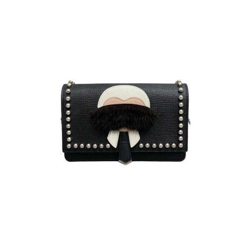 Fendi Studded Karlito Clutch Saffiano Calfskin Fur Calfskin Black White Pink