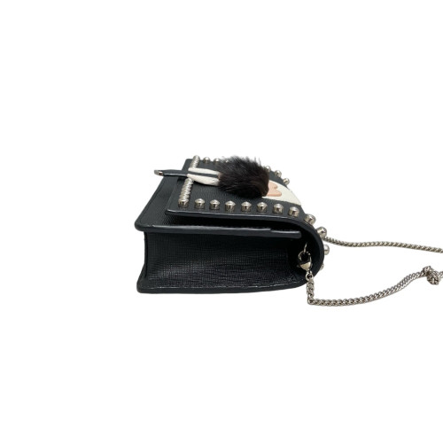 Fendi Studded Karlito Clutch Saffiano Calfskin Fur Calfskin Black White Pink