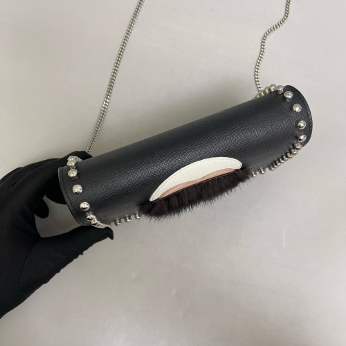 Fendi Studded Karlito Clutch Saffiano Calfskin Fur Calfskin Black White Pink