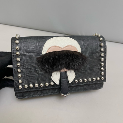 Fendi Studded Karlito Clutch Saffiano Calfskin Fur Calfskin Black White Pink