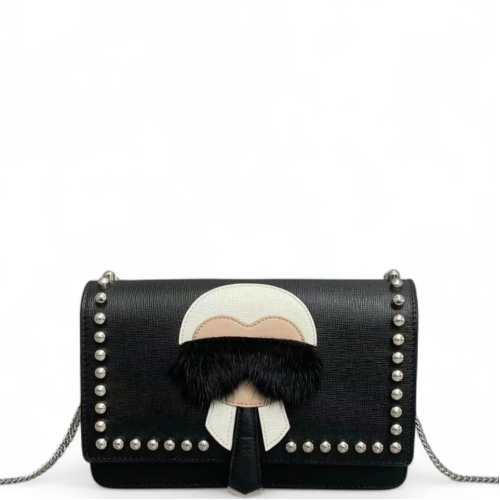 Fendi Studded Karlito Clutch Saffiano Calfskin Fur Calfskin Black White Pink