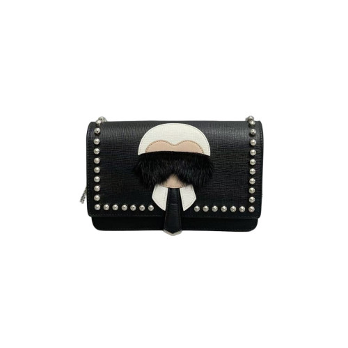 Fendi Studded Karlito Clutch Saffiano Calfskin Fur Calfskin Black White Pink