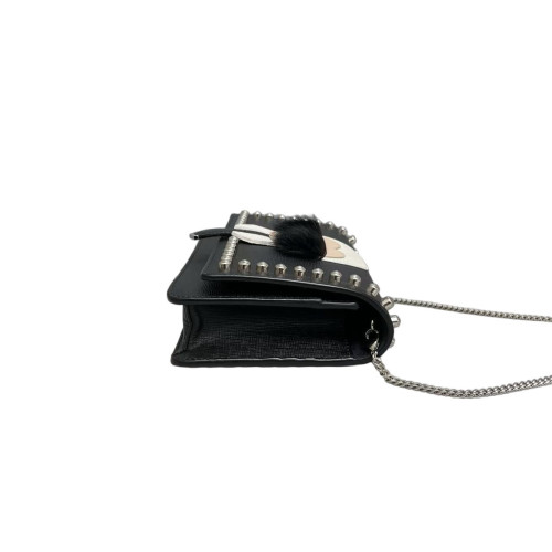 Fendi Studded Karlito Clutch Saffiano Calfskin Fur Calfskin Black White Pink