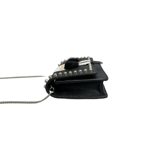 Fendi Studded Karlito Clutch Saffiano Calfskin Fur Calfskin Black White Pink