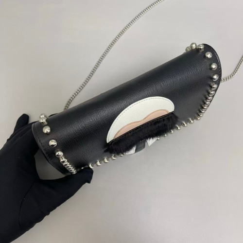 Fendi Studded Karlito Clutch Saffiano Calfskin Fur Calfskin Black White Pink