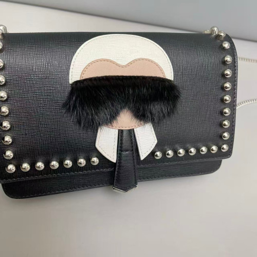 Fendi Studded Karlito Clutch Saffiano Calfskin Fur Calfskin Black White Pink
