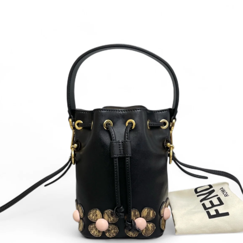 Fendi Mini Mon Tresor Bucket Calfskin Snake Embossed Calfskin Black Light Brown Pink