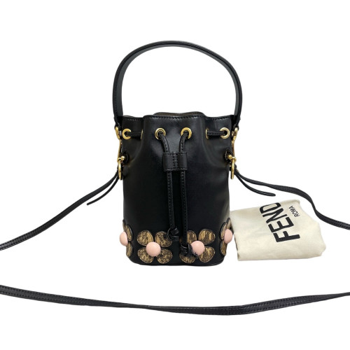 Fendi Mini Mon Tresor Bucket Calfskin Snake Embossed Calfskin Black Light Brown Pink
