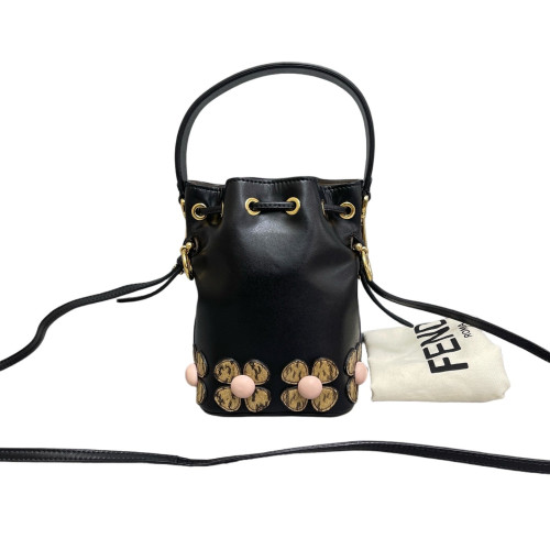Fendi Mini Mon Tresor Bucket Calfskin Snake Embossed Calfskin Black Light Brown Pink
