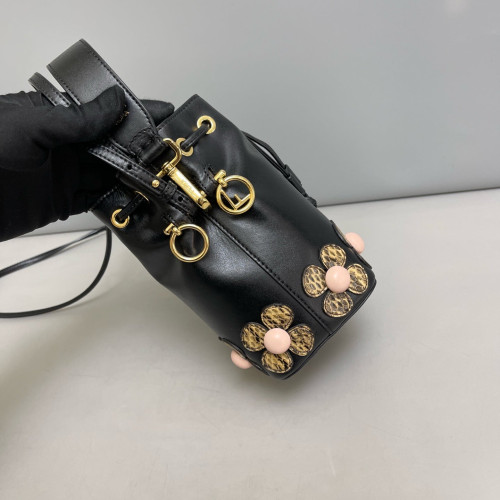 Fendi Mini Mon Tresor Bucket Calfskin Snake Embossed Calfskin Black Light Brown Pink