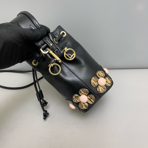 Fendi Mini Mon Tresor Bucket Calfskin Snake Embossed Calfskin Black Light Brown Pink