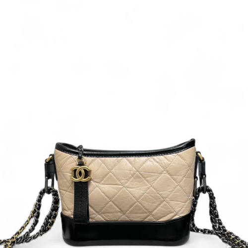 Chanel Quilted Bi-Color Small Gabrielle Hobo Crumpled Calfskin Natural Tan Black