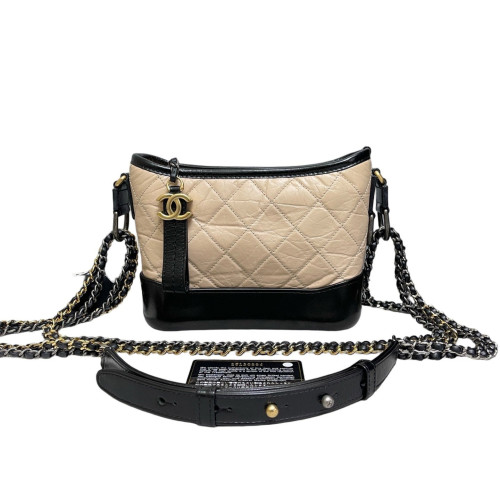 Chanel Quilted Bi-Color Small Gabrielle Hobo Crumpled Calfskin Natural Tan Black