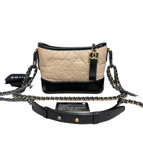 Chanel Quilted Bi-Color Small Gabrielle Hobo Crumpled Calfskin Natural Tan Black