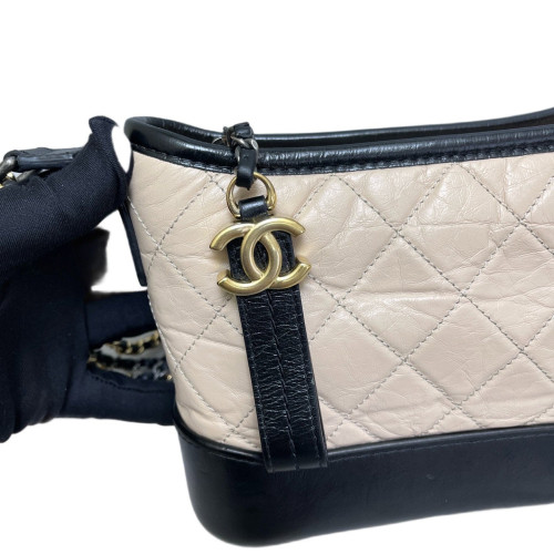 Chanel Quilted Bi-Color Small Gabrielle Hobo Crumpled Calfskin Natural Tan Black
