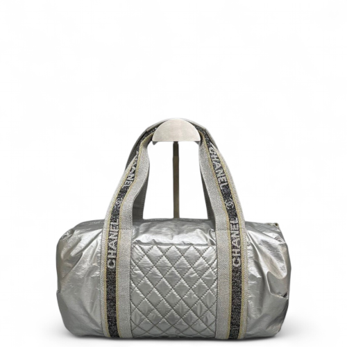 Chanel Quilted Handbag Canvas Calfskin Silver Chanel Quilted Handbag Canvas Calfskin Silver