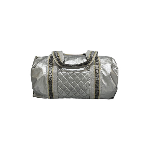 Chanel Quilted Handbag Canvas Calfskin Silver Chanel Quilted Handbag Canvas Calfskin Silver