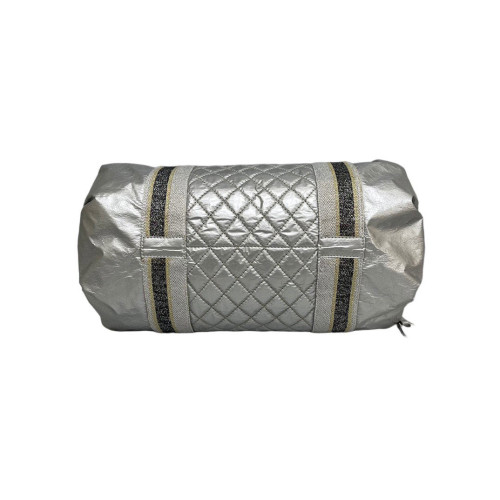 Chanel Quilted Handbag Canvas Calfskin Silver Chanel Quilted Handbag Canvas Calfskin Silver