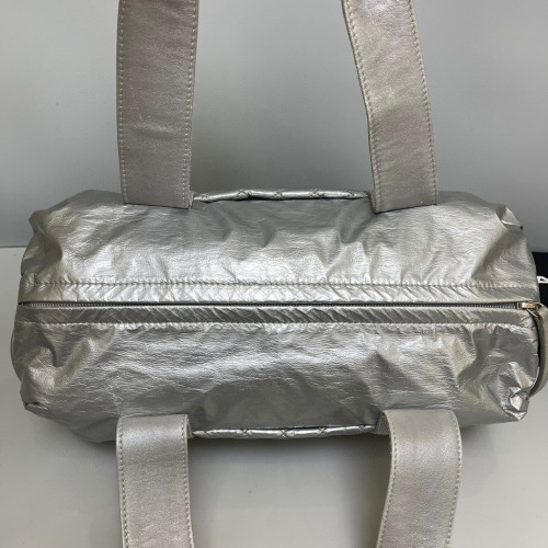 Chanel Quilted Handbag Canvas Calfskin Silver Chanel Quilted Handbag Canvas Calfskin Silver