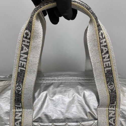 Chanel Quilted Handbag Canvas Calfskin Silver Chanel Quilted Handbag Canvas Calfskin Silver