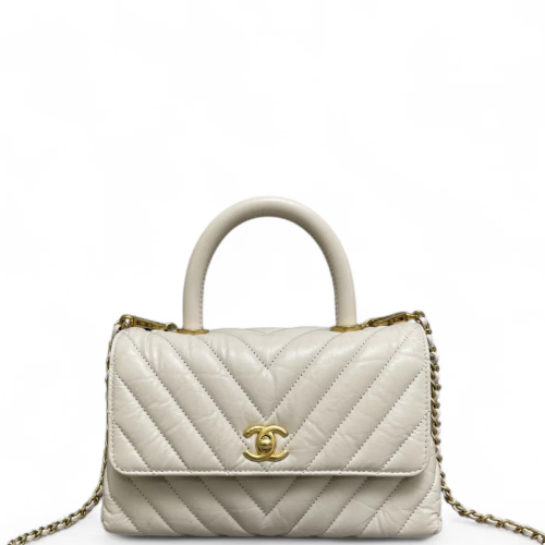 Chanel Chevron Quilted Small Coco Handle Grained Calfskin Light Grey Chanel Chevron Quilted Small Coco Handle Grained Calfskin Light Grey