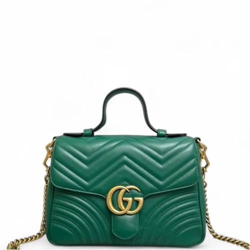 Gucci Chevron GG Marmont Top Handle Shoulder Bag Calfskin Emerald Green