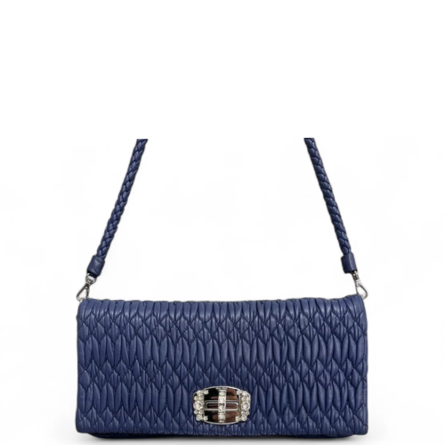 Miu Miu Strass Gaufre Matelasse Crystal Flap Clutch Crumpled Lambskin Dark Blue