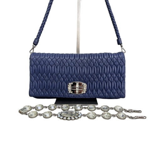 Miu Miu Strass Gaufre Matelasse Crystal Flap Clutch Crumpled Lambskin Dark Blue